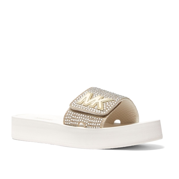 New! MICHAEL KORS Rhinestone MK Logo Platform Slide Sandals Shoes Open-Toe - Picture 1 of 7